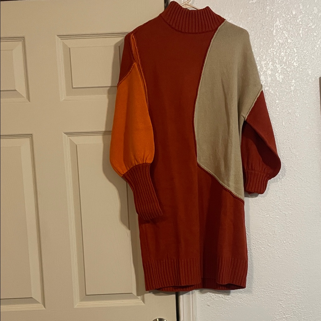 Venus Multicolor Rust Orange Tan Cowl Neck Sweater Dress